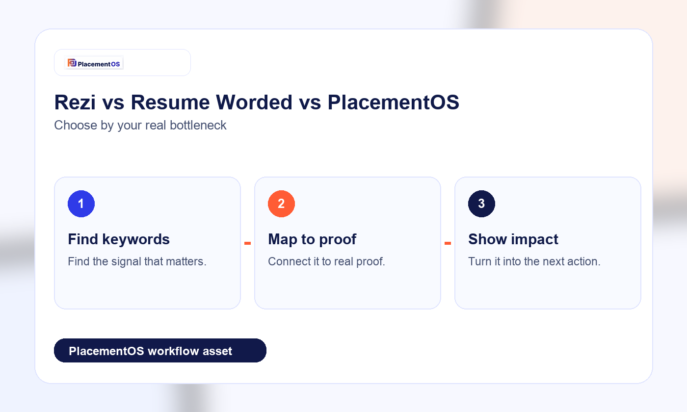 Rezi vs Resume Worded vs PlacementOS: Resume Score, ATS Fit, and Job Search Action PlacementOS workflow infographic