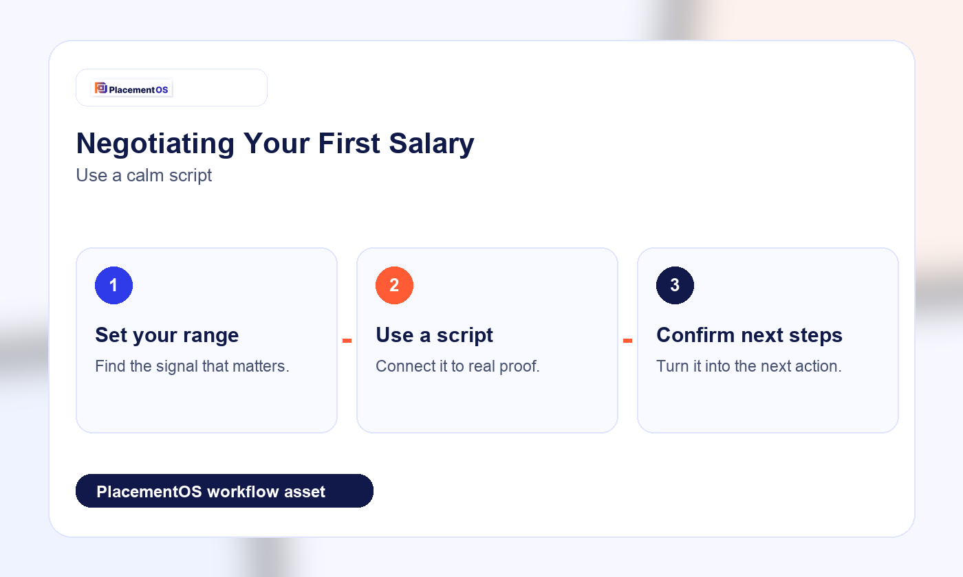 Negotiating Your First Salary: A Practical Script PlacementOS workflow infographic